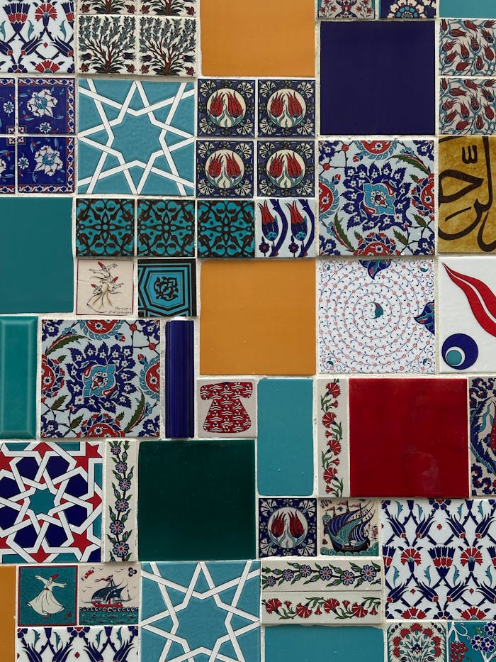 Vibrant Turkish tile mosaic featuring traditional patterns in Istanbul, Turkey.