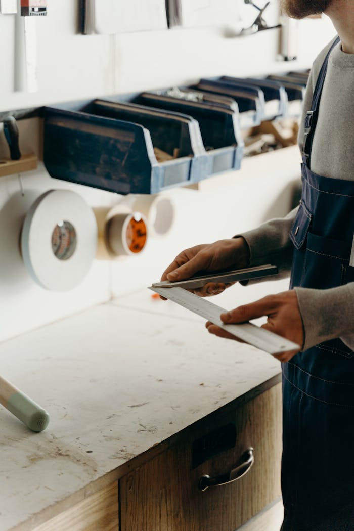 A craftsman in overalls measures wood with precision in a well-equipped workshop.